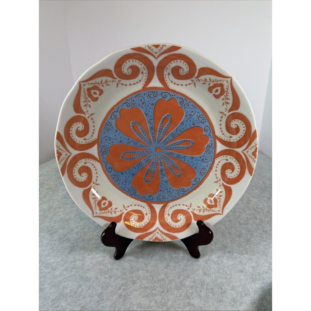 Anthropologie Blue Orange Boho Flower 10” Dinner Luncheon Plates